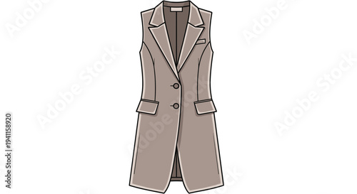 Fashionable long sleeveless blazer in a neutral beige color, featuring a notched lapel and button closure, perfect for modern layering.