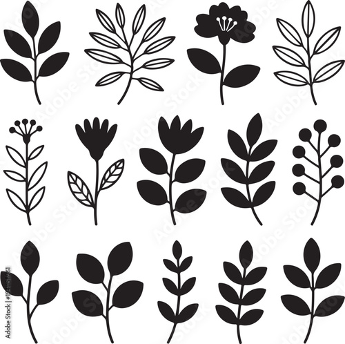 Collection of various black silhouettes of flowers and leaves