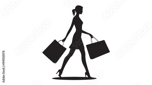 Woman with shopping bags in minimalist silhouette style with black and white color scheme for retail advertising
