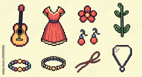 Pixel art fashion and accessories collection with floral elements