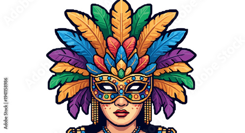 Colorful carnival mask with feather headdress in vibrant pixel art style