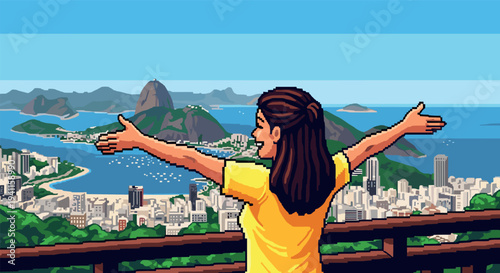 Retro pixel art scene of tourist embracing rio's spectacular cityscape