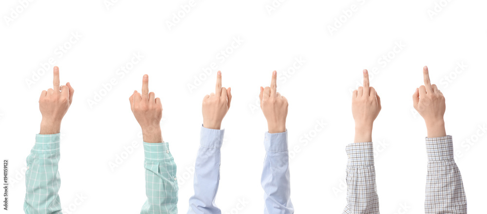 Fototapeta premium Many hands showing middle fingers on white background