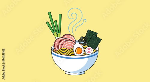 Delicious Ramen Bowl Illustration with Steaming Broth and Toppings on Yellow Background