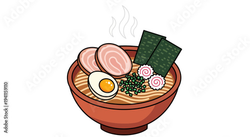 Delicious Japanese Ramen Noodle Soup Bowl with Pork, Egg, and Seaweed