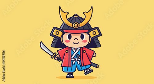 Cute Cartoon Samurai Warrior with Sword and Armor, Japanese Culture Icon