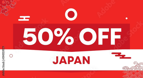 Japan 50% Off Sale Banner with Red and White Colors and Traditional Japanese Elements