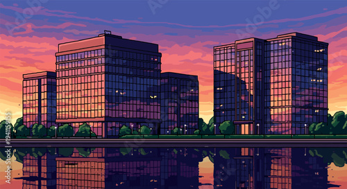 Pixel art cityscape at sunset with reflective water and skyscrapers