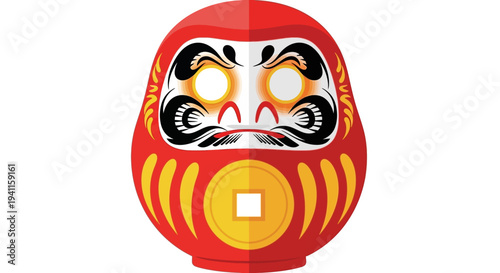 Japanese Daruma Doll with Coin Symbol, Good Luck Charm, Motivational Icon