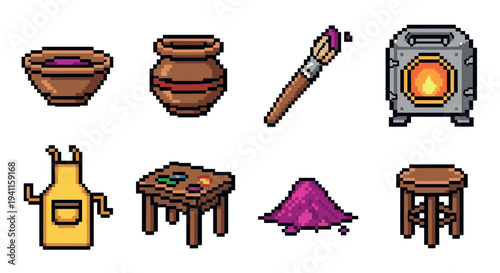 Retro pixel art icons of pottery crafting and studio tools