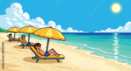Pixel art beach scene with sunbathers and yellow umbrellas under a bright sun