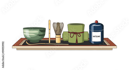 Japanese Tea Ceremony Set: Matcha Bowl, Whisk, Tea Caddy, and Tray