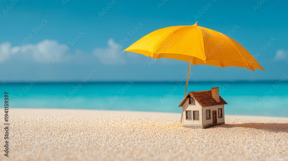 Sun umbrella and cozy beach house on sandy shore with clear blue sky and sea in the background, symbolizing resort real estate investment, dream seaside vacation, and peaceful coastal getaway with amp