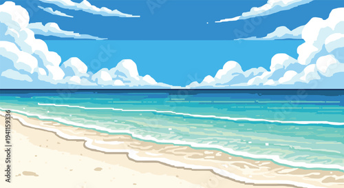 Pixel art beach scene with ocean waves and cloudy sky