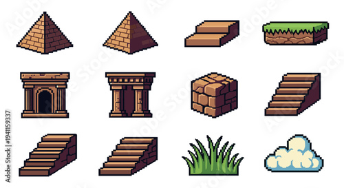 Retro pixel art elements featuring pyramids, stairs, and clouds