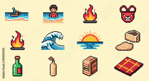 Retro pixel art icons featuring beach, fire, waves, and drinks in vintage style