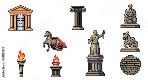 Retro pixel art ancient greek symbols and monuments