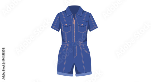 Trendy blue denim short jumpsuit (romper) with a front zipper and belted waist, a stylish and comfortable all-in-one outfit for women.