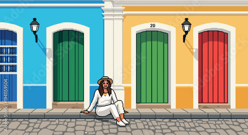 Colorful street scene with woman relaxing in front of vibrant doors in pixel art style