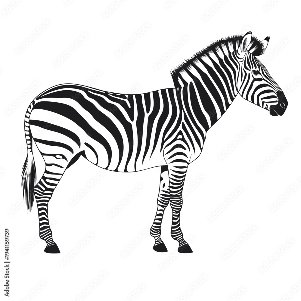 Fototapeta premium Zebra vector illustration of a striped wild animal standing in profile isolated on a white background with a clean black and white wildlife design style suitable for zoo or safari themed artwork