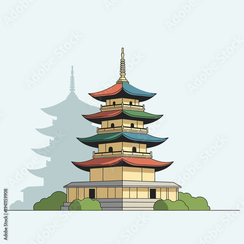 Colorful Japanese Pagoda Tower with Shadow and Greenery