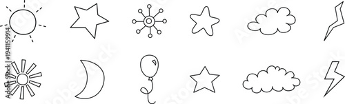 Cute weather and sky doodle icon set for playful design. Hand drawn symbols include sun, moon, cloud, star, lightning, and snowflake for kids graphics, stickers, and creative layouts. Minimal outline 