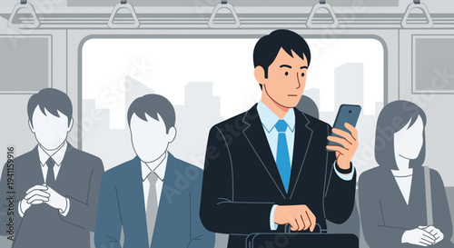 Commuter using smartphone on crowded train, business people traveling to work