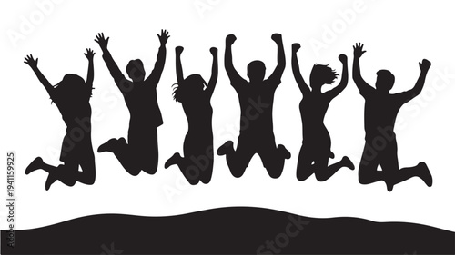 Group of People Jumping in Joyful Celebration with Raised Arms in Simple Silhouette on White Background for Social Media