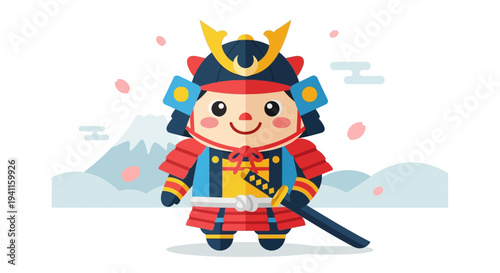 Cute Samurai Warrior Character with Sword and Mount Fuji Background