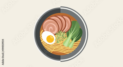 Delicious Ramen Bowl with Noodles, Egg, Pork, and Greens - Top View