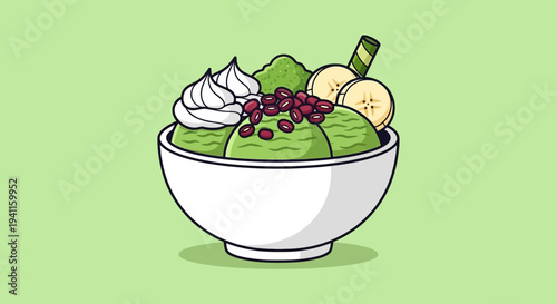 Green Tea Ice Cream Dessert with Banana, Red Beans, and Whipped Cream