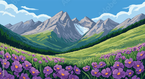 Pixel art mountain landscape with purple flowers and majestic peaks