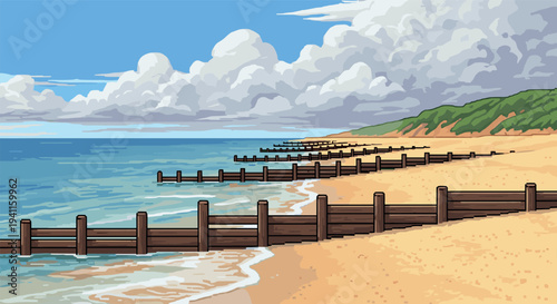 Pixel art coastal landscape with wooden breakwaters and sandy beach scene