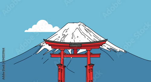 Iconic Mount Fuji and Red Torii Gate, Symbol of Japan, Minimalist Vector Art