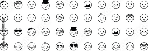Emoji face icons set for emotions, reactions, and chat communication. Minimal outline smiley symbols showing happy, sad, cool, surprised, and playful expressions. Cute vector graphics for messaging 
