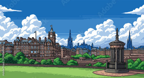 Retro pixel art cityscape with historic architecture and cloudy sky