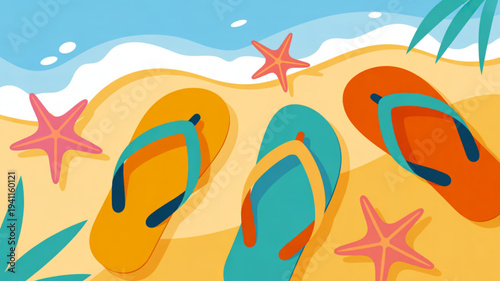 Colorful flip flops on sandy beach with starfish and ocean waves in the background perfect summer vacation scene