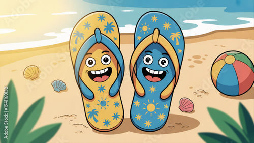 Smiling cartoon flip flops on a sunny beach with a colorful beach ball and seashells