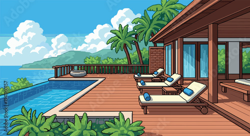 Tropical beachside retreat with pool and deck in pixel art style