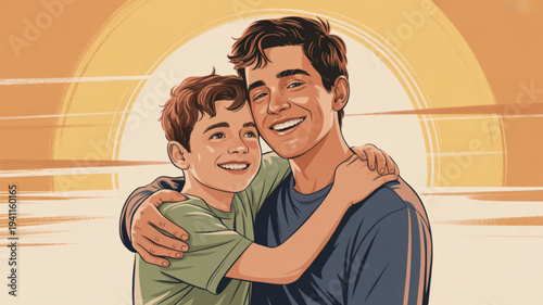 Happy father and son hugging on beach at sunset smiling and embracing each other warmly