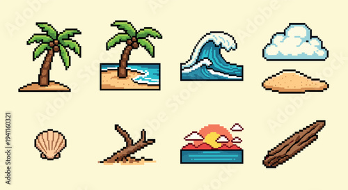 Retro pixel art beach elements with palm trees and ocean wave