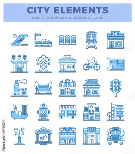 City elements icons with transportation. buildings. and services on white background.