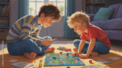 Two boys playing board game on living room floor with cards and pieces scattered around them