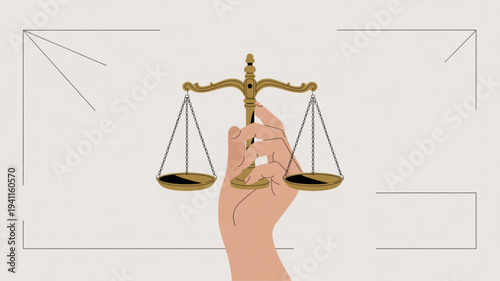 Hand holding gold balance scales with two empty plates on a neutral background with geometric lines