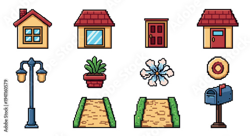 Pixel art icons: house, door, plants, and street elements in retro style