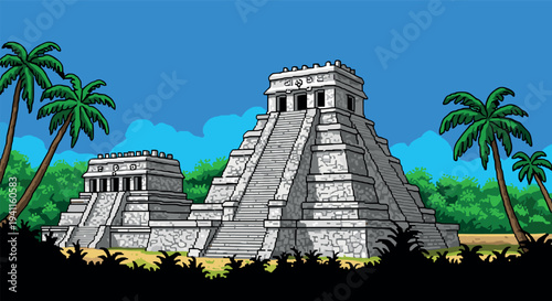 Retro pixel art of ancient mayan pyramid under clear blue sky