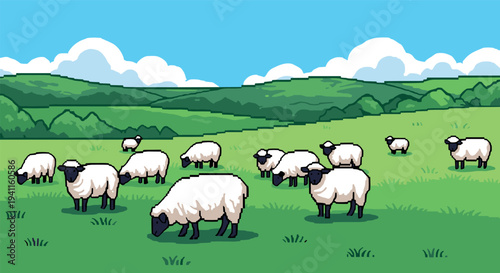 Retro pixel art sheep grazing in lush green field