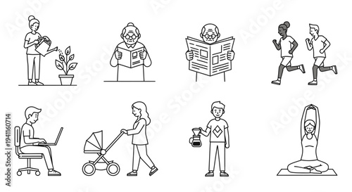 diverse people engaging in common daily routines like gardening reading running working parenting coffee brewing and meditating