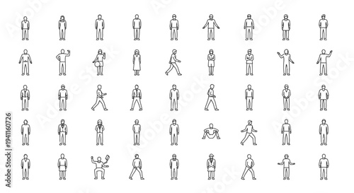diverse set of outline people vector icons depicting human figures in various poses actions and professional roles