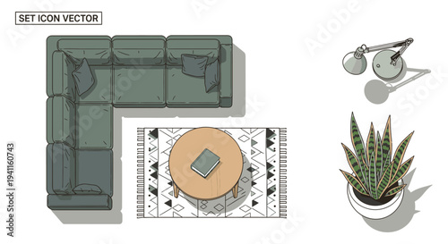 living room interior design top view vector illustration featuring a modern L-shaped sofa round coffee table and home decor